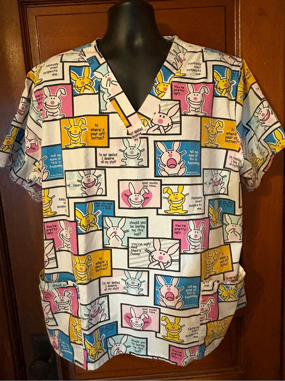 Happy Bunny Cartoon Print Scrub Top - Multicolor